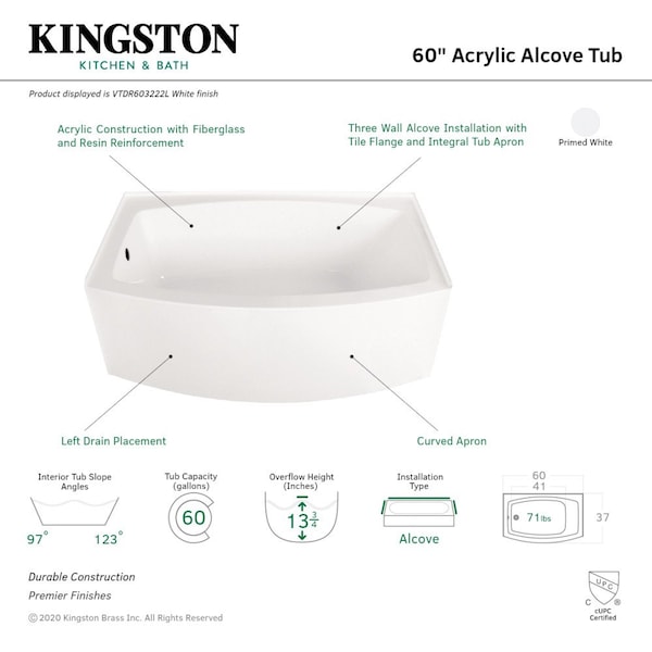 Alcove Bathtubs, 60 L, 37 W, White, Acrylic